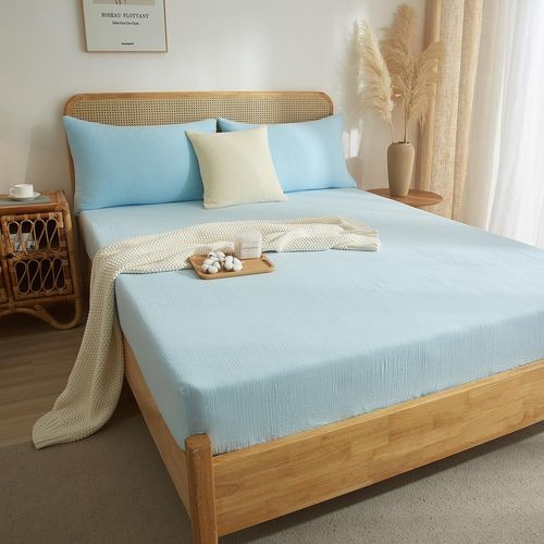 Kalanka-Muslin Drap-Housse, 140 X 200 Cm, Bleu, Bleu Clair, Doux, En Muslin, 140 X 200 Cm, Pour Lit À Sommier Tapissier, Pour Matelas Épais Jusqu'à 25-30 Cm D'épaisseur