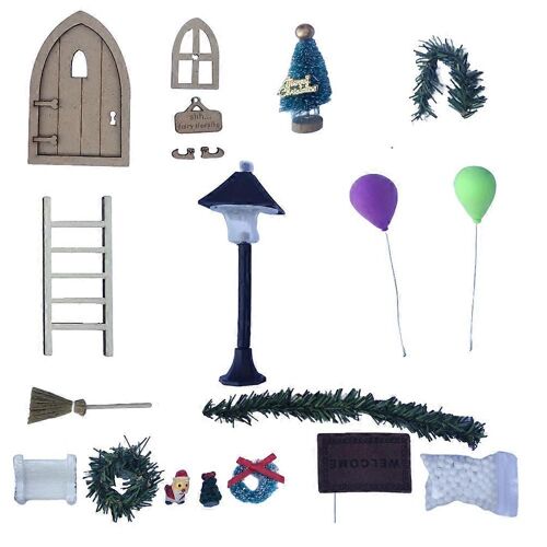Noël miniature Gnome Set Accessoires Porte de Gnome Décoratif Fixer à Ornements Suspendus Arbre de Noël Couronne Échelle En Bois