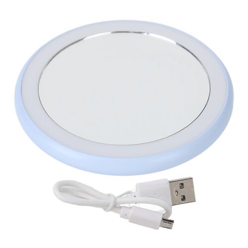 Miroir de maquillage compact avec lumière USB rechargeable LED rond portable petit miroir bleu ciel