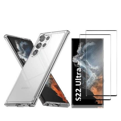 HQSELECTION® Coque pour Samsung Galaxy S22 Ultra Transparente Silicone en Gel TPU Souple + 2 Verre trempé incurvé Couverture Complète Noir - Anti Rayures - Ultra Résistant Dureté 9H