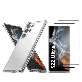 Hqselection® Coque Pour Samsung Galaxy S22 Ultra Transparente Silicone En Gel Tpu Souple + 2 Verre Trempé Incurvé Couverture Complète Noir - Anti Rayures - Ultra Résistant Dureté 9h