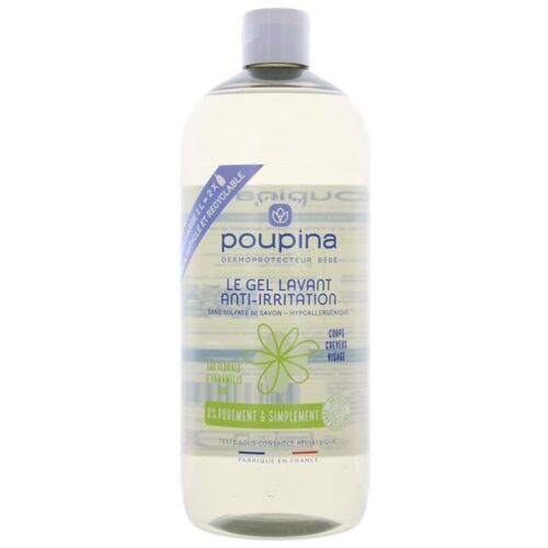 71304 Poupina Le Gel Lavant Bébé Anti-Irritation - Sans Sulfate Ni Savon - Hypoallergénique - Hamamélis - Corps Cheveux Visage - 97% 