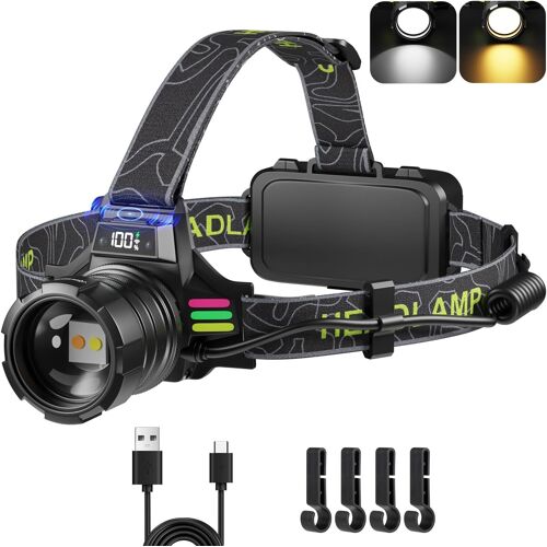 Jexnovashop-Lampe Frontale Led Ultra Puissante Usb-C Rechargeable, 90000lm 4 Modes Lampe Frontale Avec Capteur, Batterie 7000mah Frontale Zoom Ipx7 Étanche 90° Réglable Pour Camping Pêche Randonnée