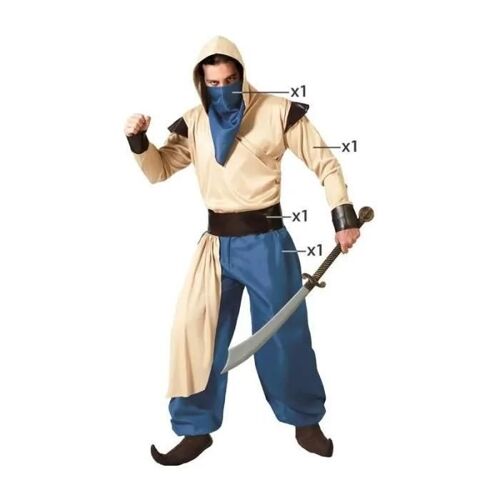 Déguisement Homme Guerrier Arabe - Atosa - Costume Prince Aladin - Tunique Beige - Pantalon Bleu - Bandana Bleu