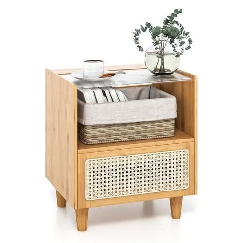 Costway Table De Chevet En Bambou Avec Tiroir, Plateau En Verre, Design Cannage, 4 Pieds En Bois Massif, 43 X 35 X 50 Cm, Naturel