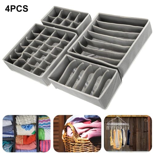 Lot de 4 boîtes de rangement pliables pour sous-vêtements ¿ Organiseur de tiroir élégant pour chaussettes, soutiens-gorge et accessoires ¿ Gris