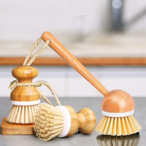 Brosses à récurer écologiques en bambou - Lot de 3 pour casseroles, poêles et vaisselle - Design ergonomique et détachant