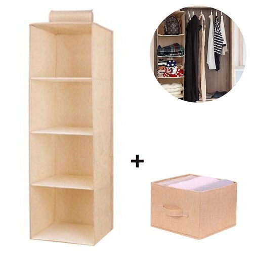 Organiseur de placard suspendu à 4 niveaux avec tiroir - Sac de rangement gain de place beige clair pour vêtements et accessoires