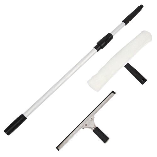 Kit de nettoyage de vitres télescopique haut de gamme avec raclette, grattoir et applicateur d'eau - Outil de nettoyage durable et efficace