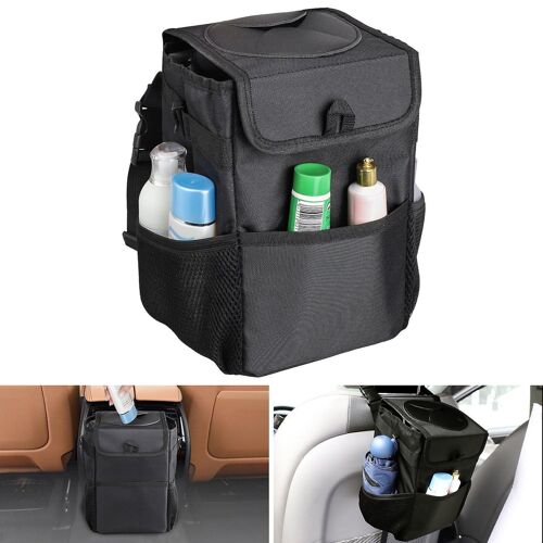Poubelle de voiture durable avec couvercle ¿ Organiseur suspendu pour appui-tête, 3 poches, étanche et compacte pour les voyages