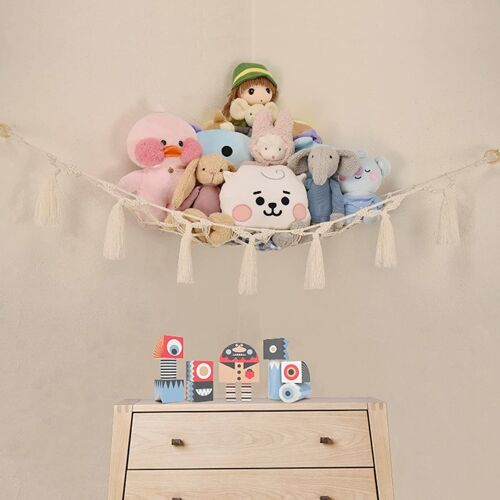 Hamac Triangulaire En Peluche Avec Lumières Led ¿ Filet De Rangement Pour Jouets En Corde De Coton Pour Décoration De Chambre D'enfant