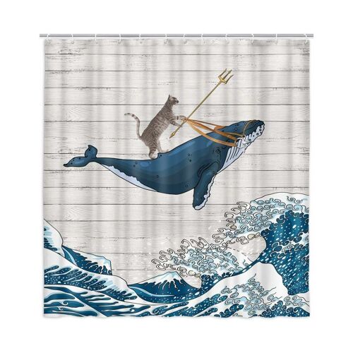 Rideau de douche motif chat et baleine amusants ¿ Motif vagues japonaises vintage, polyester imperméable, décoration rustique de ferme