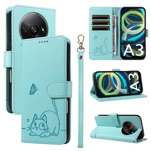 SATURCASE Coque pour Xiaomi Redmi A3, Chat Mignon PU Cuir Magnétique Flip Portefeuille Support Porte-Carte Dragonne Protecteur Housse Étui pour Xiaomi Redmi A3 (ZC-Vert)