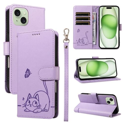 Saturcase Coque Pour Apple Iphone 15 Plus 6.7 Inch, Chat Mignon Pu Cuir Magnétique Flip Portefeuille Support Porte-Carte Dragonne Protecteur Housse Étui Pour Apple Iphone 15 Plus 6.7 Inch (Zc-Violet)