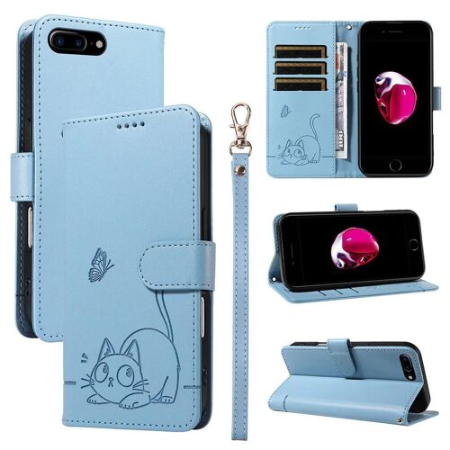 Saturcase Coque Pour Apple Iphone 8 Plus / 7 Plus / 6s Plus / 6 Plus 5.5 Inch, Chat Mignon Pu Cuir Magnétique Flip Portefeuille Support Porte-Carte Dragonne Protecteur Housse Étui (Zc-Bleu)