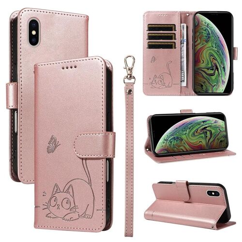 Saturcase Coque Pour Apple Iphone X / Xs, Chat Mignon Pu Cuir Magnétique Flip Portefeuille Support Porte-Carte Dragonne Protecteur Housse Étui Pour Apple Iphone X / Xs (Zc-Or Rose)