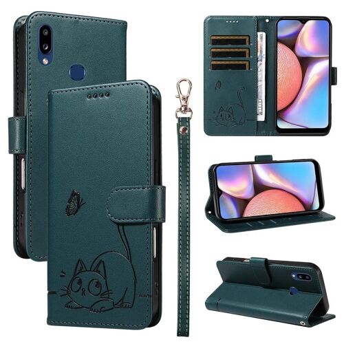 SATURCASE Coque pour Samsung Galaxy A10S, Chat Mignon PU Cuir Magnétique Flip Portefeuille Support Porte-Carte Dragonne Protecteur Housse Étui pour Samsung Galaxy A10S (ZC-Vert foncé)
