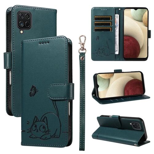 SATURCASE Coque pour Samsung Galaxy A12 / M12, Chat Mignon PU Cuir Magnétique Flip Portefeuille Support Porte-Carte Dragonne Protecteur Housse Étui pour Samsung Galaxy A12 / M12 (ZC-Vert foncé)