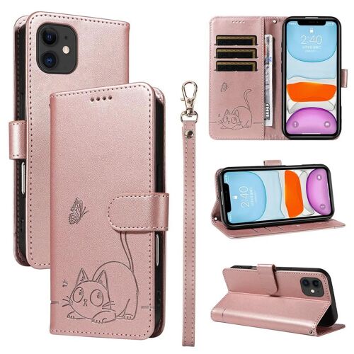 Saturcase Coque Pour Apple Iphone 11, Chat Mignon Pu Cuir Magnétique Flip Portefeuille Support Porte-Carte Dragonne Protecteur Housse Étui Pour Apple Iphone 11 (Zc-Or Rose)