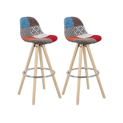 Lot De 2 Tabouret De Bar En Lin-Avec Repose-Pied-Patchwork Multicolore