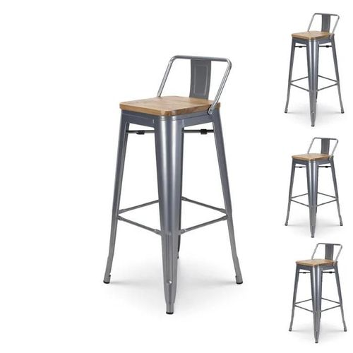 Lot De 4 Tabourets De Bar Style Industriel En Métal Silver Avec Dossier Et Assise Bois Clair -