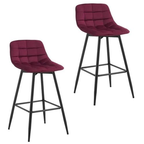 Lot De 2 Tabourets De Bar Avec Repose-Pieds-Tabourets Pour Bar-Bistro-En Velours + Métal-Bordeaux