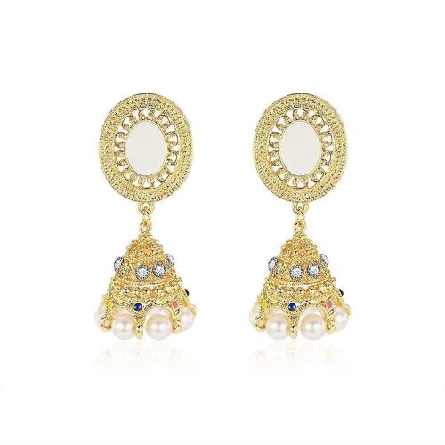 Femmes Élégantes Brillant Strass Faux Perle Géométrique Pendentif Alliage Boucles D'oreilles