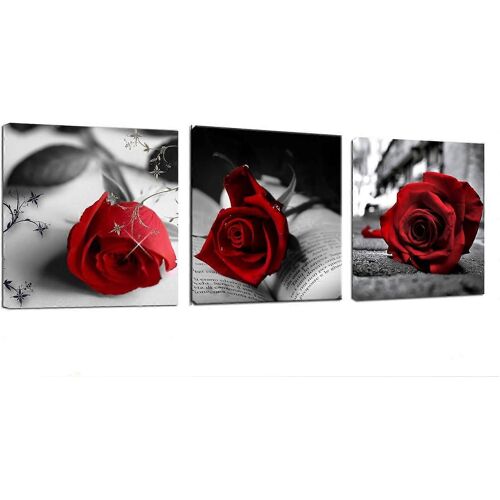 Toile Art Mur Rose Rouge Fleurs Sur Livres Gris Photos Peinture -12 « X 12 » X 3 Panneaux Impressions Sur Toile Pour La Maison Salle De Bain Chambre Décoration Murale, Sans Cadre