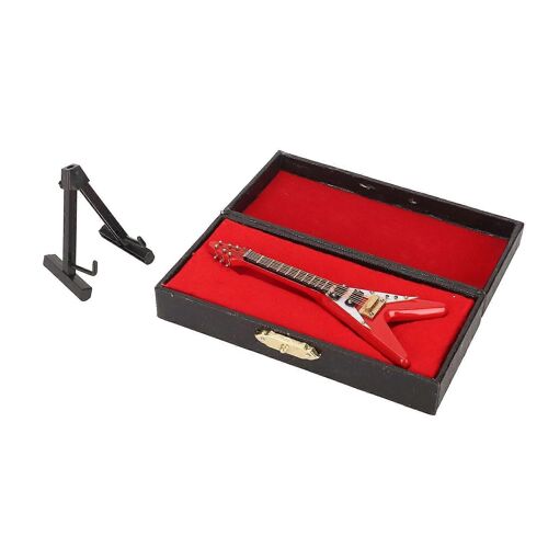 Miniature Guitare Électrique Forme V Vivid Exquis Mini Modèle De Guitare En Bois Avec Présentoir Et Étui De Rangement Rouge