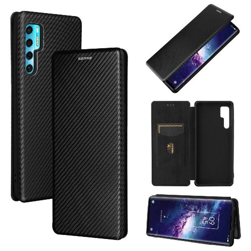 Étui Pour Tcl 20 Pro 5g Insertion De Carte Coque En Cuir Folio Flip Protection Complète Avec Porte-Cartes Kickstand Fibre De Carbone Magnétique - Noir