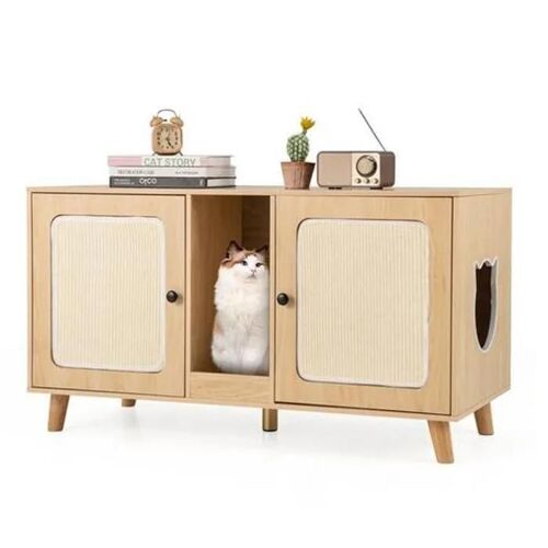 Costway Meuble Pour Chat 108 Cm Avec Bac À Litière, Double Compartiments, 2 Griffoirs En Sisal, Planche À Gratter, Naturel