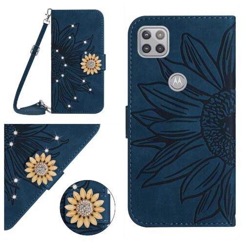 Étui Pour Coque De Téléphone Électrique Motorola G9 Tournesol Bicelle De Protection Avec Support De Fente Pour Carte Avec Une Longue Lanière Portefeuille En Cuir - Vert Foncé