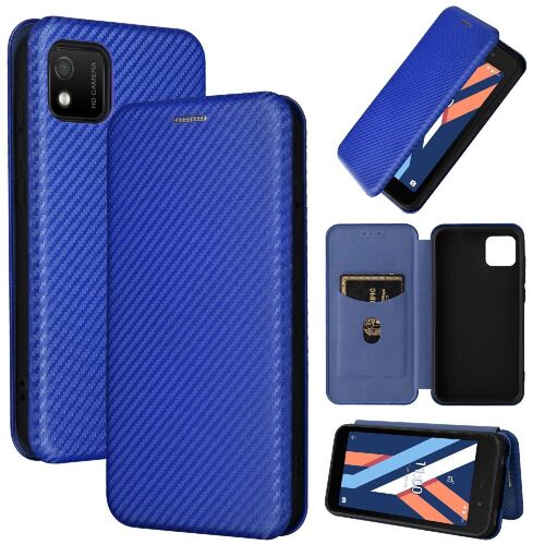Étui Pour Wiko Y52 Coque En Cuir Folio Flip Avec Porte-Cartes Kickstand Protection Complète Fibre De Carbone Magnétique Insertion De Carte - Bleu