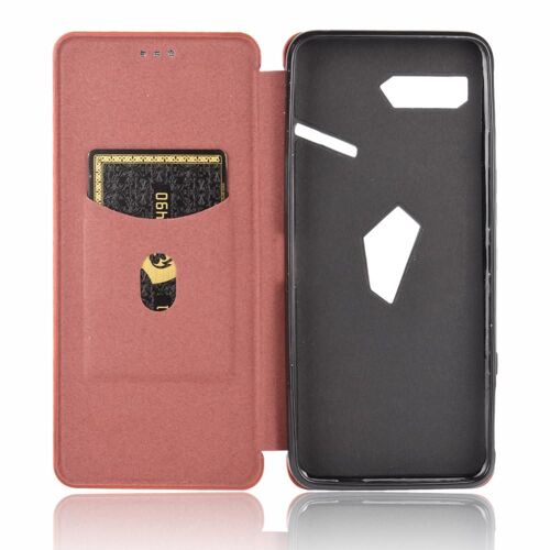 Étui Pour Asus Rog Téléphone 2 Zs660kl Protection Complète Insertion De Carte Avec Porte-Cartes Kickstand Fibre De Carbone Magnétique Coque En Cuir Folio Flip - Le Brun