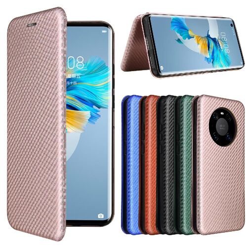 Étui Pour Huawei Mate 40 Insertion De Carte Protection Complète Avec Porte-Cartes Kickstand Coque En Cuir Folio Flip Fibre De Carbone Magnétique - Couleur Rose