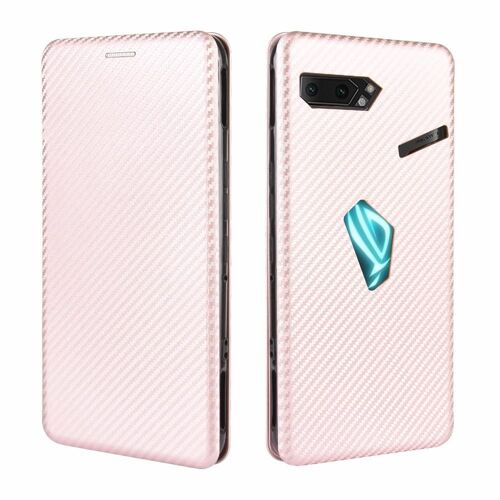 Étui Pour Asus Rog Téléphone Ii Coque En Cuir Folio Flip Insertion De Carte Fibre De Carbone Magnétique Avec Porte-Cartes Kickstand Protection Complète - Couleur Rose