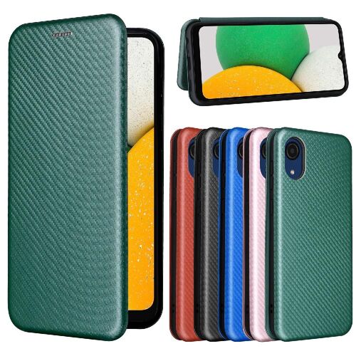 Étui Pour Samsung Galaxy A03 Core Coque En Cuir Folio Flip Fibre De Carbone Magnétique Avec Porte-Cartes Kickstand Protection Complète Insertion De Carte - Vert