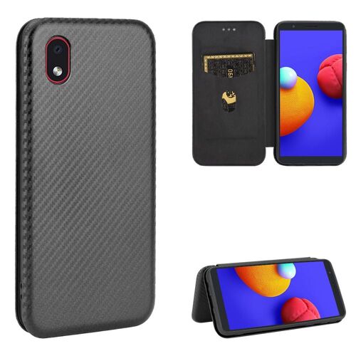 Étui Pour Samsung Galaxy M01 Core(A01 Core) Coque En Cuir Folio Flip Avec Porte-Cartes Kickstand Protection Complète Insertion De Carte Fibre De Carbone Magnétique - Noir