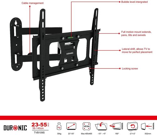Duronic TVB109S Support Mural TV de 23-55 Pouces Support Universel pour écran LCD Plasma LED 3D 4K OLED QLED Pivotant et inclinable 30 kg