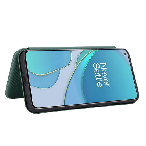 Étui Pour Oneplus 8t Avec Porte-Cartes Kickstand Coque En Cuir Folio Flip Insertion De Carte Protection Complète Fibre De Carbone Magnétique - Vert