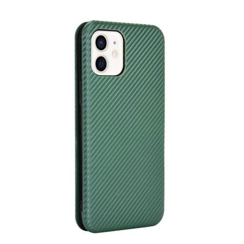 Étui Pour Iphone 12mini Insertion De Carte Coque En Cuir Folio Flip Protection Complète Avec Porte-Cartes Kickstand Fibre De Carbone Magnétique - Vert
