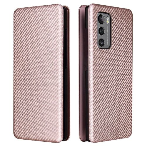 Étui Pour Lg Wing 5g Avec Porte-Cartes Kickstand Coque En Cuir Folio Flip Insertion De Carte Fibre De Carbone Magnétique Protection Complète - Couleur Rose