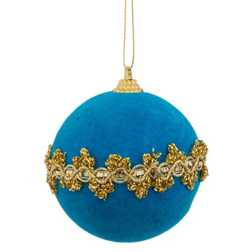 Boule de No¿l velours bleu turquoise et dor¿ 8cm