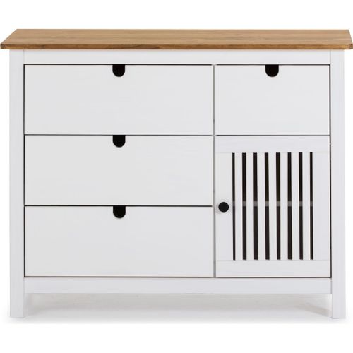 Commode 1 Porte 4 Tiroirs En Pin Massif Blanc 100 Cm