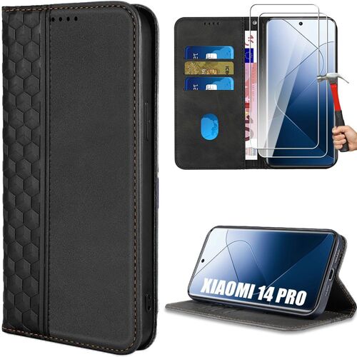 Coque + 2 Verres Trempés pour Xiaomi 14 Pro, Protection Anti-Rayures Effet Cuir Motif Mosaïque Elégant Luxe Noir - E.F.Connection