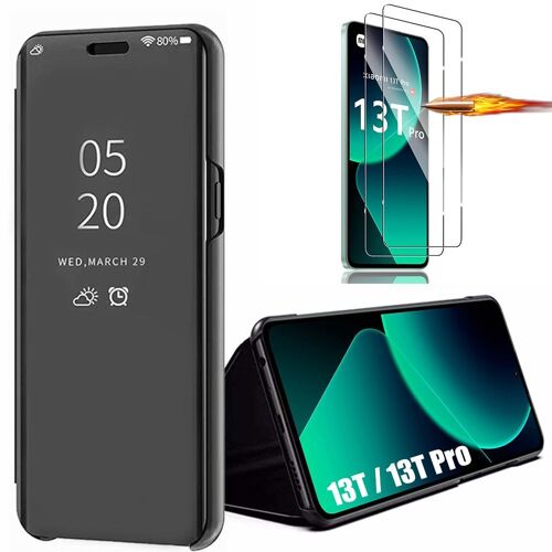 Coque Pour Xiaomi 13t / 13t Pro Avec 2 Verres Trempés - Smart Case Effet Miroir Protection Noir - E.F.Connection