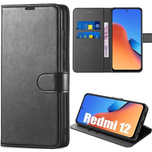 Coque Pour Xiaomi Redmi 12 4g/5g (Pas Pour Redmi Note 12), Protection Antichoc Etui Cuir Pu Avec Fonction De Support, Noir - E.F.Connection