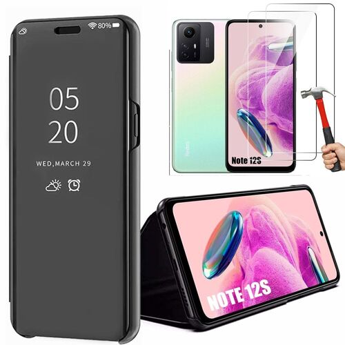 Coque pour Xiaomi Redmi Note 12S (pas pour Note 12) + 2 Verres Trempés Effet Miroir Protection Noir Clear View - E.F.Connection