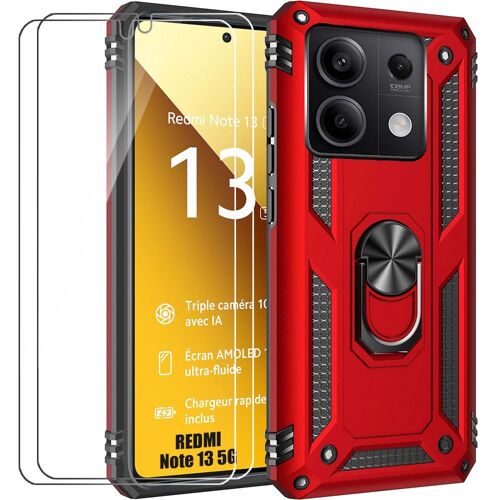 2 Verres Trempés + Coque pour Xiaomi Redmi Note 13 5G (pas pour 4G) - Solide Rigide Anneau Arrière Antichoc - Rouge - E.F.Connection