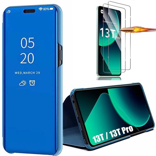 Pack 2 Verres Trempés+ Coque Pour Xiaomi 13t / 13t Pro - Bleu Intégrale Effet Miroir Elégante Anti-Rayure Protection - E.F.Connection